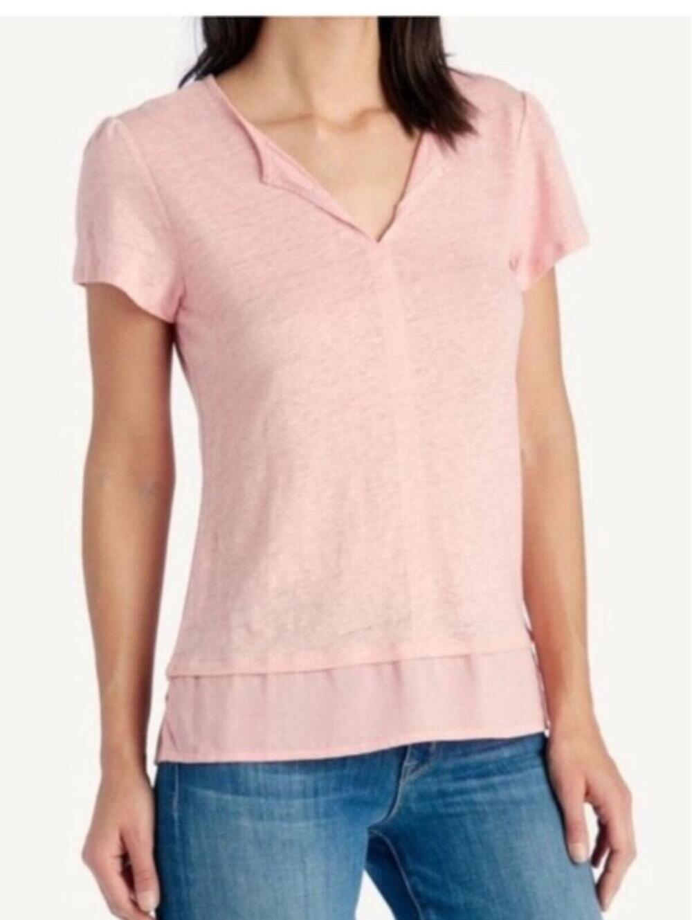 Sanctuary Pale Pink V-Neck Short Sleeve Top Linen Blend Size S Summer Luxury EUC